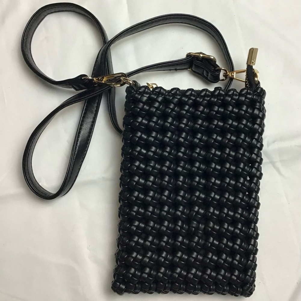 Anthropologie Kalani Woven Knot Cellphone Faux Leather Crossbody Bag in Black